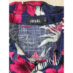 JOGAL Mens Navy Blue Tropical Hibiscus Floral Short Sleeve Button Down Shirt M